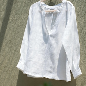 White Linen Blouse for Women, Long Sleeve V-Neck Linen Top, Loose Fit Summer Shirt, Custom Colors, White Linen Shirt for Women, Gift for Her