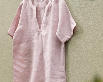 Linen Blouse for Women: White, Blue, Pink, Can Custom Colors, Short Sleeve Linen Top