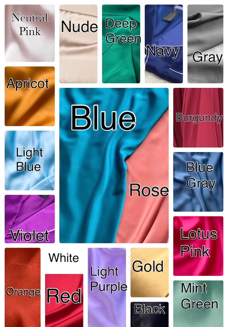K&ouml;nnte beinhalten: Eine Farbkarte mit Stoffproben in verschiedenen Farben, darunter Neutralrosa, Nude, Dunkelgr&uuml;n, Marineblau, Grau, Apricot, Blau, Burgunderrot, Hellblau, Blaugrau, Violett, Rose, Lotusrosa, Wei&szlig;, Helllila, Gold, Orange, Rot, Schwarz und Mintgr&uuml;n.