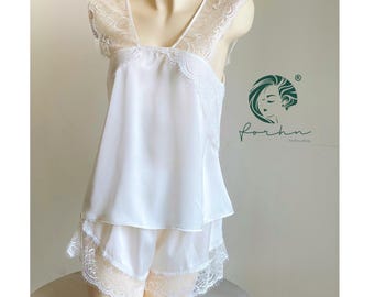 White Satin Lace Cami Shorts Set | Bridal Lingerie Sleepwear