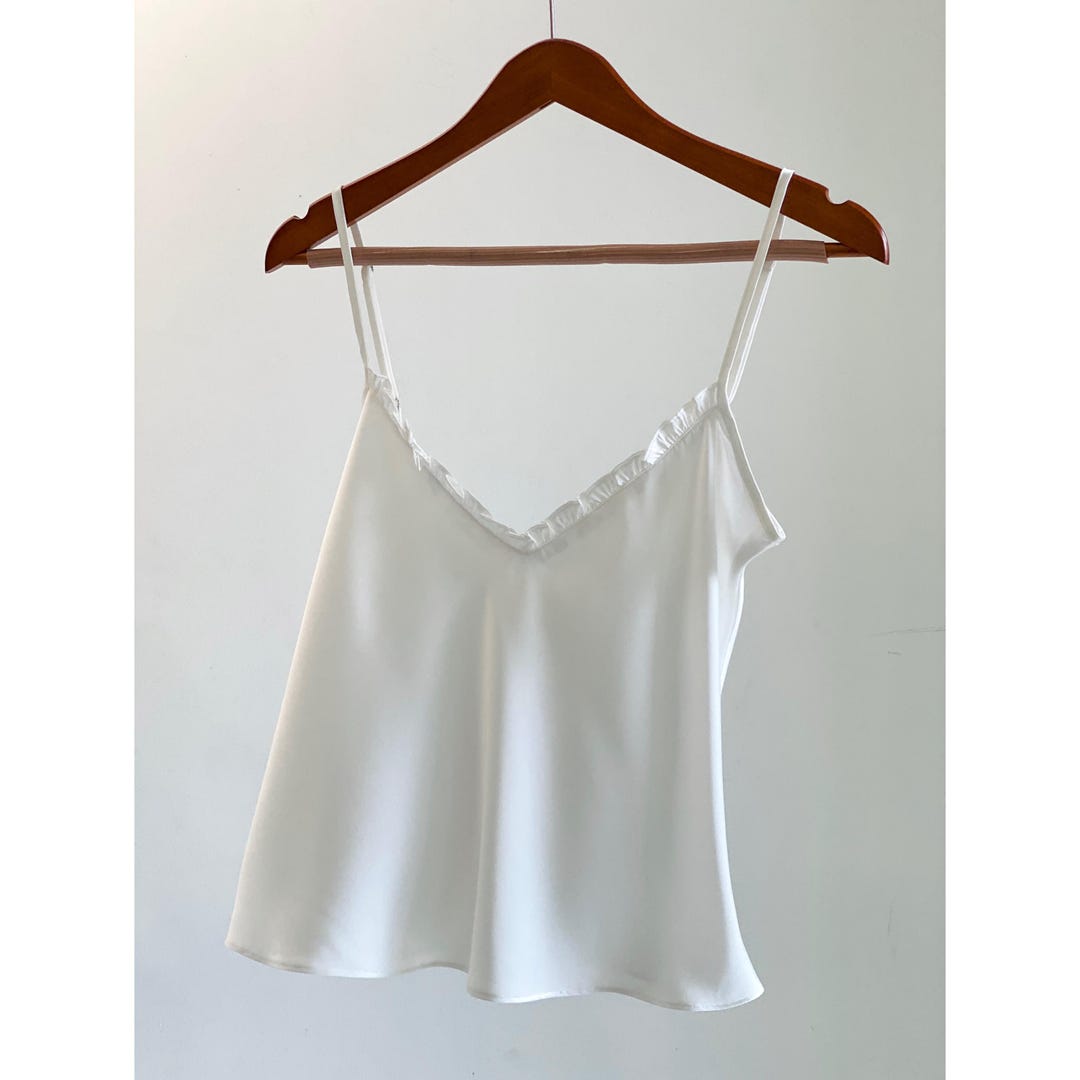 White Ruffled Silky Cami Top – Open Back Satin Camisole for Layering ...