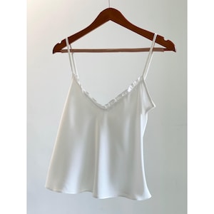 White Ruffled Silk Cami Top – Open Back Satin Camisole for Layering, Workwear & Elegant Sleepwear