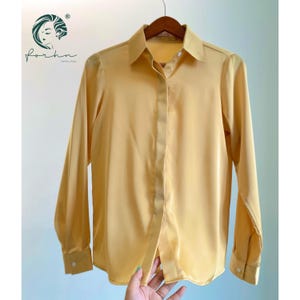 Gold Satin Tie Neck Blouse: Elegant Long Sleeve Workwear