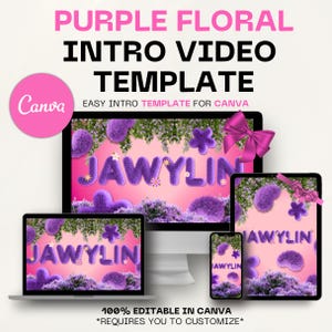 May include: A digital design template for an intro video, featuring the text "JAWYLIN" in a fluffy purple font, surrounded by floral and decorative elements. The design is displayed on a computer monitor, laptop, tablet, and smartphone. The text "PURPLE FLORAL INTRO VIDEO TEMPLATE" is at the top.