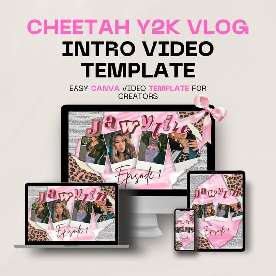 Y2k Cheetah Notebook Youtube Video Intro Template for Canva, Outro Video, Scrapbook video editing guide, Podcast digital content template
