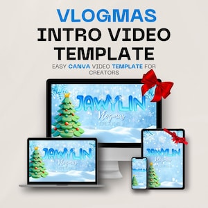 Snowy Vlogmas Youtube Video Intro Template dla Canva, przewodnik po edycji treści wideo kanału, przytulny lodowaty motyw świąteczny szablon cyfrowy