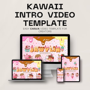 Kawaii Youtube Video Intro Template für Canva, Outro Video, Nachtisch Anime Stream Video Overlay, Girly Pink Cute Theme digitale Vorlage