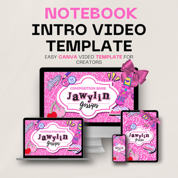 Girly Notebook Youtube Video Intro Template for Canva, Outro Video, Scrapbook video editing guide, Podcast Pink digital content template