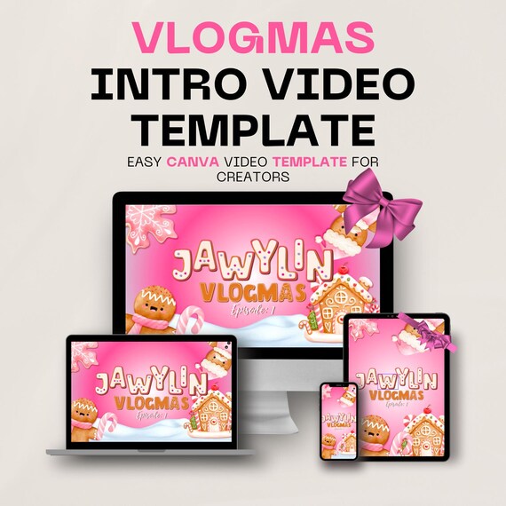 Baking Vlogmas Youtube Video Intro Template for Canva, Channel content video editing guide, Girly Pink Cute video outro digital template