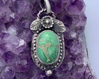 Solid Sterling Silver Pendant with Variscite Gemstone and Sterling Silver Decorations