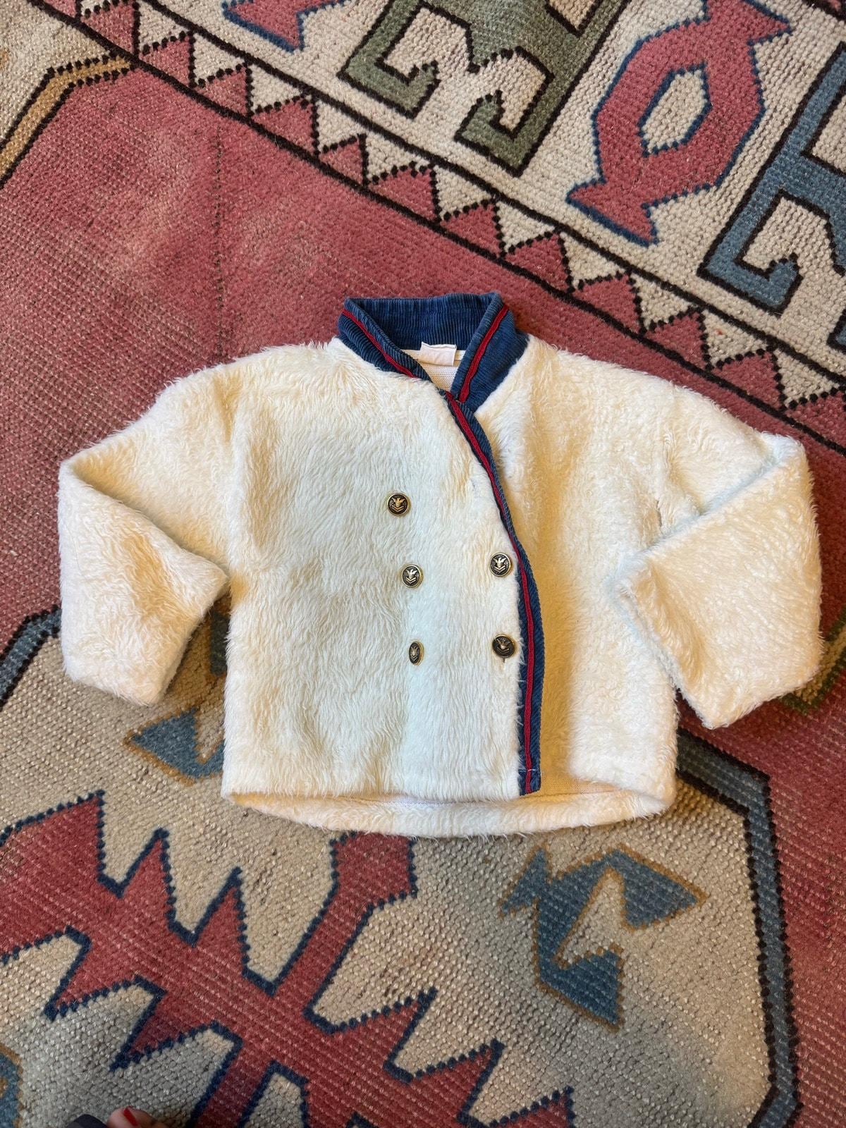 Vintage Kiddy Fashions Sherpa Cardigan 2T Cream Navy Red Trim