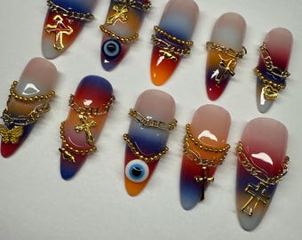 BLESSED STRIPES Press On Nail Set | Ready to Ship | SMALL | Gold | Chains| Red | Blue | Orange | Nail Set | Reusable Luxury Nails