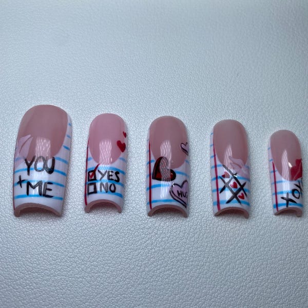 LOVE NOTES press on set | Valentines Day  | Notebook french tip freestyle| Lips| Candy Hearts |XO| Acrylic Press ons