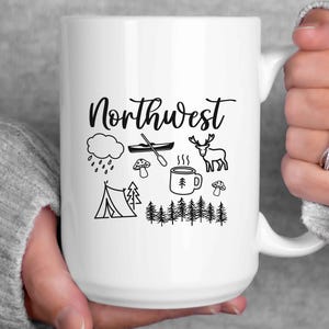 Northwest Line Doodle Art café thé tasse lui offrir son anniversaire fête des pères fête des mères, pêche, randonnée, montagnes, camping, kayak PNW