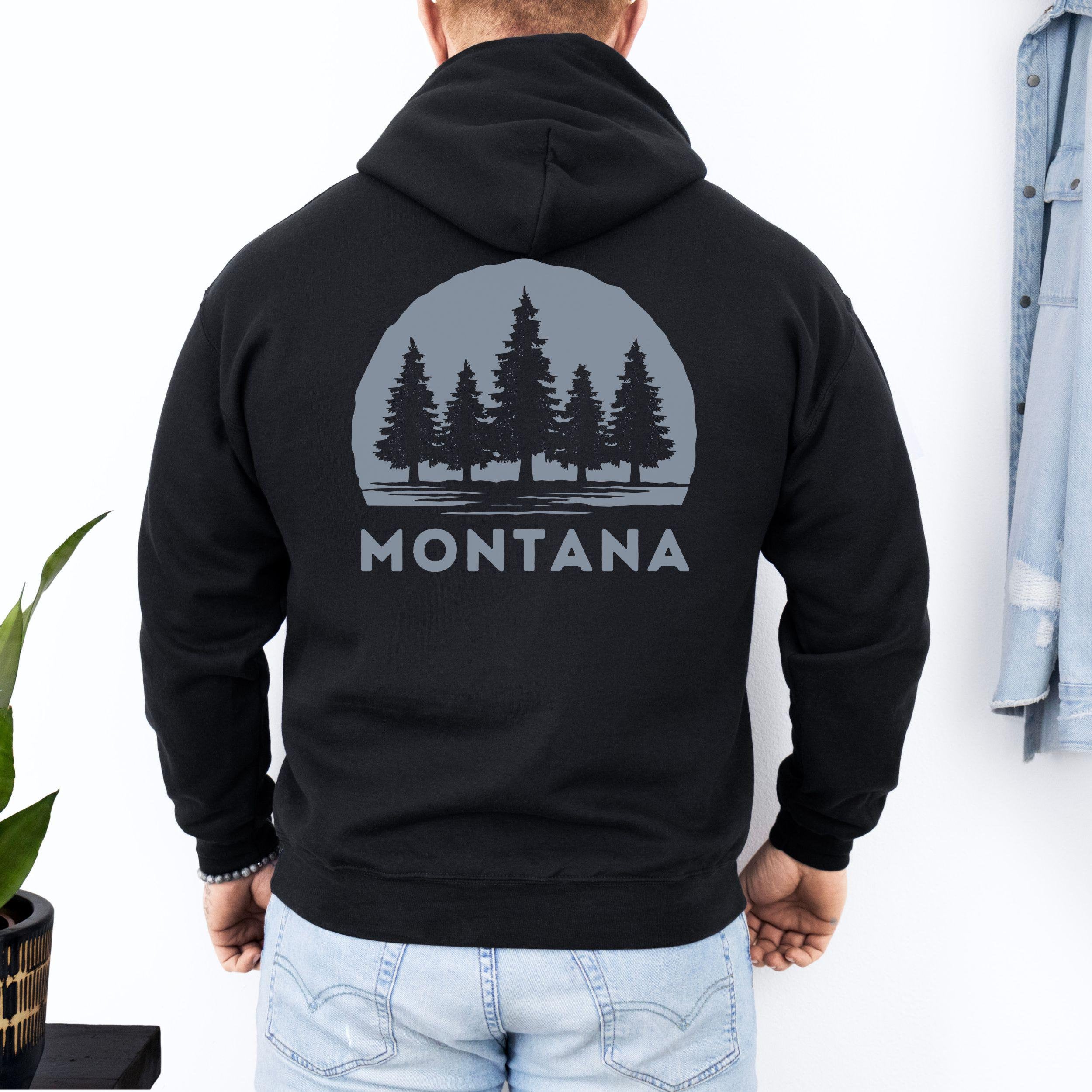 Montana Blue Tree Graphic on back of Hoodie, Cozy Comfortable Sweatshirt, Gift for Men, Hooded Sweatshirt, Unisex, Outdoors, Montana