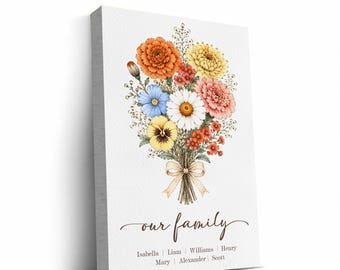 Personalized Family Bouquet Canvas Wall Art - Custom Family Name Sign - Birth Flower Family Decor Gift for Mom, Grandma