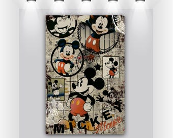 May include: A vintage-style collage featuring Mickey Mouse in various poses and designs. The background is a distressed, cream-colored paper with black and white newspaper clippings and stamps. The text "Mickey Mouse" is visible at the bottom of the collage.