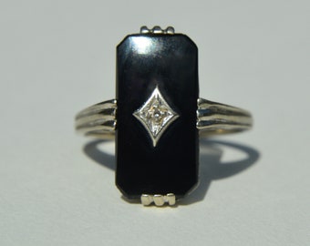 Antique Art Deco Era 10K Gold Onyx Diamond Rectangular Signet Ring