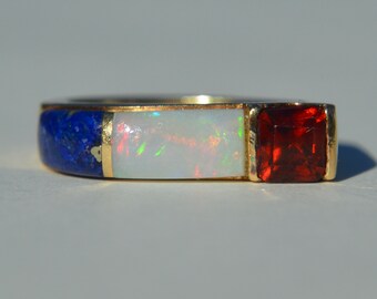 Vintage 14K Gold Lapis Garnet Opal Inlay Band Ring