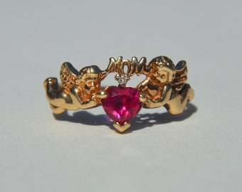 Vintage 10K Gold MOM Heart Cut Ruby Diamond Cherub Cupid Angels Ring