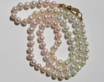 Natural Freshwater 5mm Pearl Rainbow Neon Ombre Silk Cord Necklace