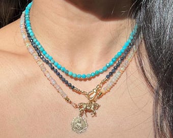 4mm Faceted Round Sapphire 18K Gold Fill Dog Clip Necklace