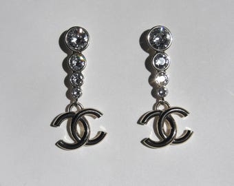Chanel 2024 Crystal Graduated Drop Logo Earrings