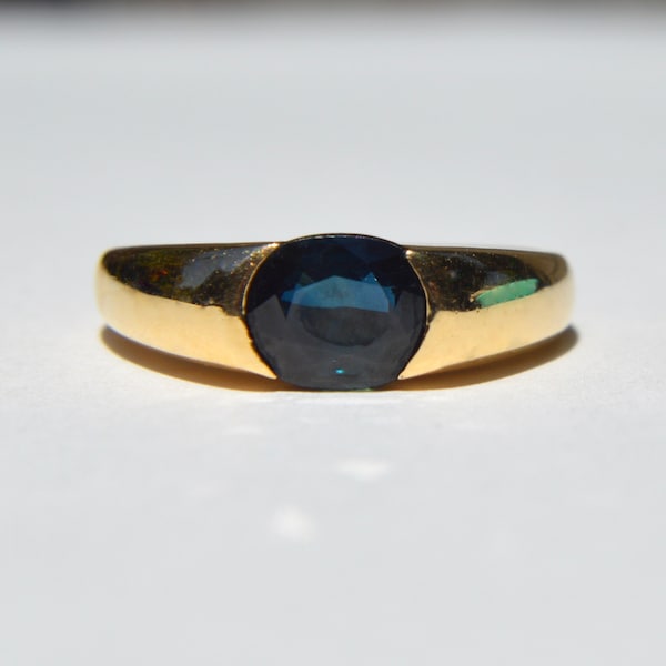 DECO SAPPHIRE ENGAGEMENT 1 ctw 14k gold oval Midcentury antique vintage statement cocktail modernist ring size 6.25 circa 1960s