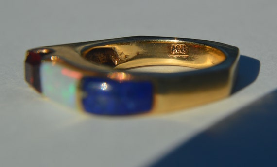 Vintage 14K Gold Lapis Garnet Opal Inlay Band Ring - image 4