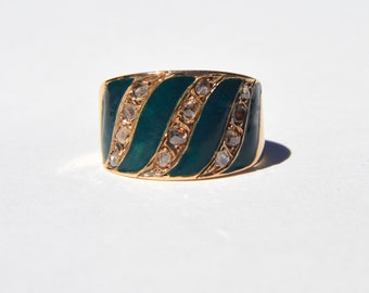 Antique Edwardian Era 14K Gold Rose Cut Diamond Enamel Cigar Band Ring