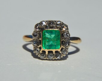 Antique French 18K Gold Emerald Rosecut Diamond Halo Ring