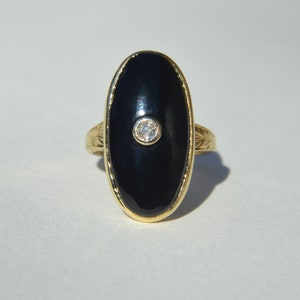 Antigo anel de sinete oval com diamante ônix de ouro 14K da era vitoriana
