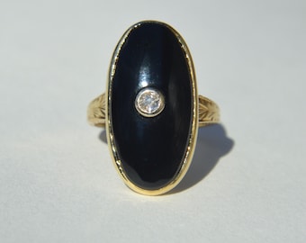 Antique Victorian Era 14K Gold Onyx Diamond Oval Signet Ring