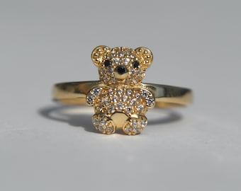 Vintage 14K Gold Diamond Teddy Bear Ring
