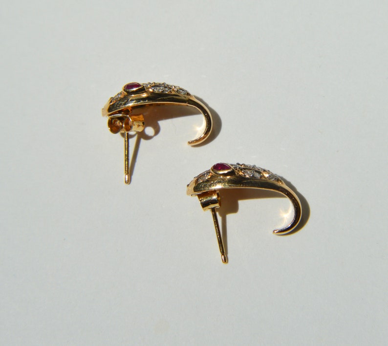 Vintage 14K Gold Ruby Diamond Snake Earrings image 2