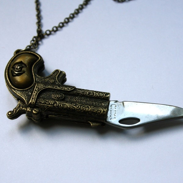 VINTAGE TINY KNIFE brass gun necklace