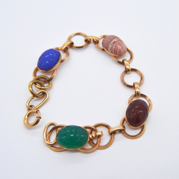 ANTIQUE 1920s Art Deco semi precious scarab 12K gold filled link bracelet Egyptian revival