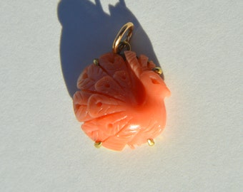 Vintage 14K Gold Coral Peacock Charm Talisman