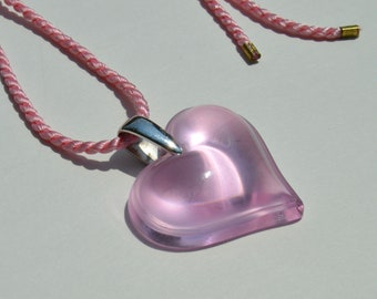 Vintage Lalique France Sterling Silver Pink Crystal Glass Large Heart Pendant Necklace