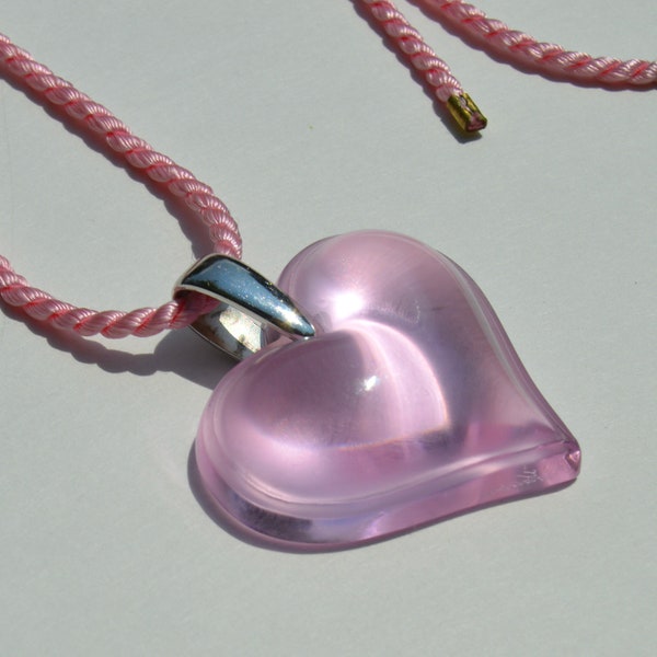 Vintage Lalique France Sterling Silver Pink Crystal Glass Large Heart Pendant Necklace