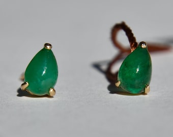 14K Gold Colombian Emerald Pear Cut Cabochon Stud Earrings