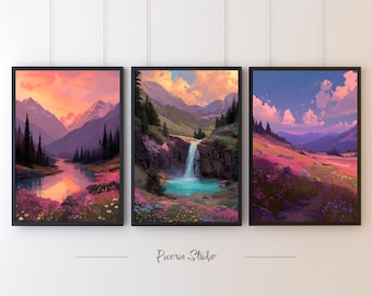 Digital Download Wall Art Set of 3, Mountain Sunset Art, Waterfall Landscape, Wildflower Meadow Prints, Boho Triptych Decor, Gift for Home