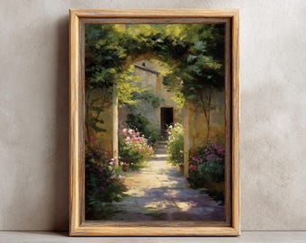 Digital oil painting wall art, floral oil painting print, courtyard wall art, rustic flower art, vintage garden art, elegant wall decor