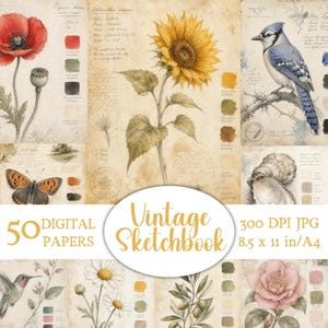 May include: A collection of 50 digital papers with a vintage aesthetic. The papers feature botanical illustrations of a red poppy, sunflower, blue jay, and other flowers and insects. The papers are 8.5 x 11 inches in size and 300 DPI JPG.