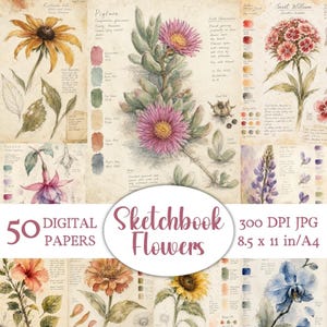 Puede incluir: Un conjunto de papeles digitales con ilustraciones de acuarela de varias flores, incluyendo un girasol, flores rosas y una orquídea azul. El conjunto incluye 50 papeles digitales, de 21,59 x 27,94 cm, con el texto "Sketchbook Flowers".