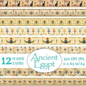 May include: A collection of 12 washi tapes with Ancient Egyptian designs. The tapes feature various patterns, including scarabs, ankhs, and hieroglyphs, in shades of beige, blue, and gold. The image includes the text "Ancient Egypt" and "11 x 8.5 in/A4".