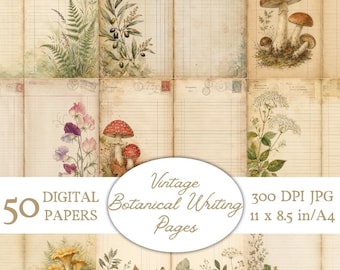 May include: A collection of 50 digital papers featuring vintage botanical writing pages with illustrations of ferns, olives, mushrooms, and wildflowers on lined paper backgrounds. The text reads 50 DIGITAL PAPERS, Vintage Botanical Writing Pages, 300 DPI JPG, 11 x 8.5 in/A4.