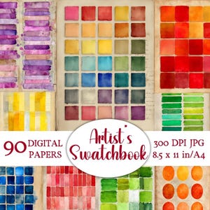 May include: Digital artist's swatchbook with 90 digital papers. The image displays a variety of watercolor swatches in shades of pink, red, orange, yellow, green, blue, and purple. The papers are 8.5 x 11 inches in size.