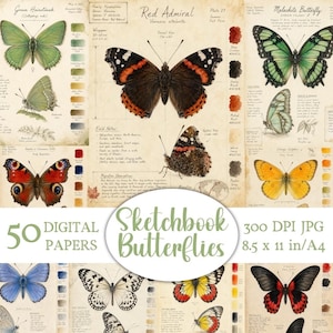 Puede incluir: Un conjunto de papeles digitales con ilustraciones detalladas de mariposas, incluyendo la Red Admiral y la Malachite Butterfly, con anotaciones científicas. La obra de arte presenta una estética vintage con verdes, marrones y amarillos. El conjunto incluye 50 papeles digitales, 21,59 cm x 27,94 cm.