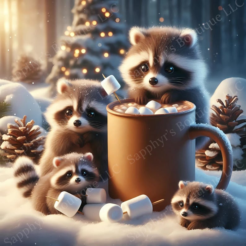 Christmas Raccoon Digital Prints Cozy Winter Animal Wall Art Hot Cocoa ...